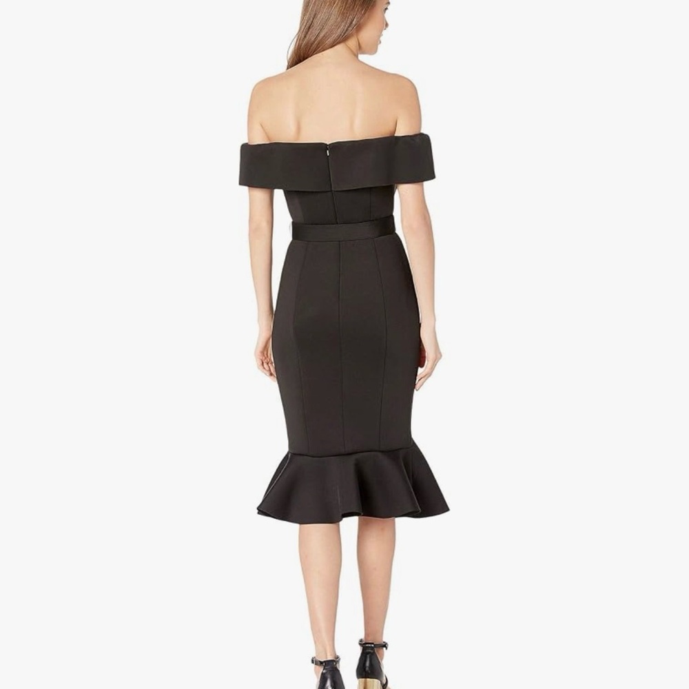Badgley Mischka Off Shoulder Belted Scuba Dress Black NWT Size 8 - Picture 4 of 14